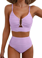 Woman wearing a burgundy high-waisted elegant bikini set - lifestyle photo