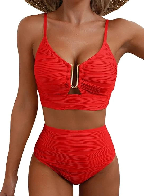 Woman wearing a red high-waisted elegant bikini set - lifestyle photo