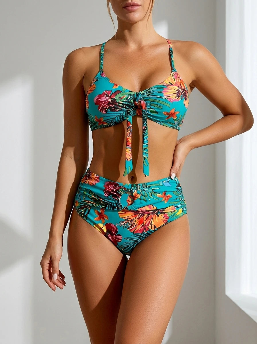 Driftly blue deep V-neck halter bikini set with high-waisted bottoms, in a minimalist studio setting with soft window light.