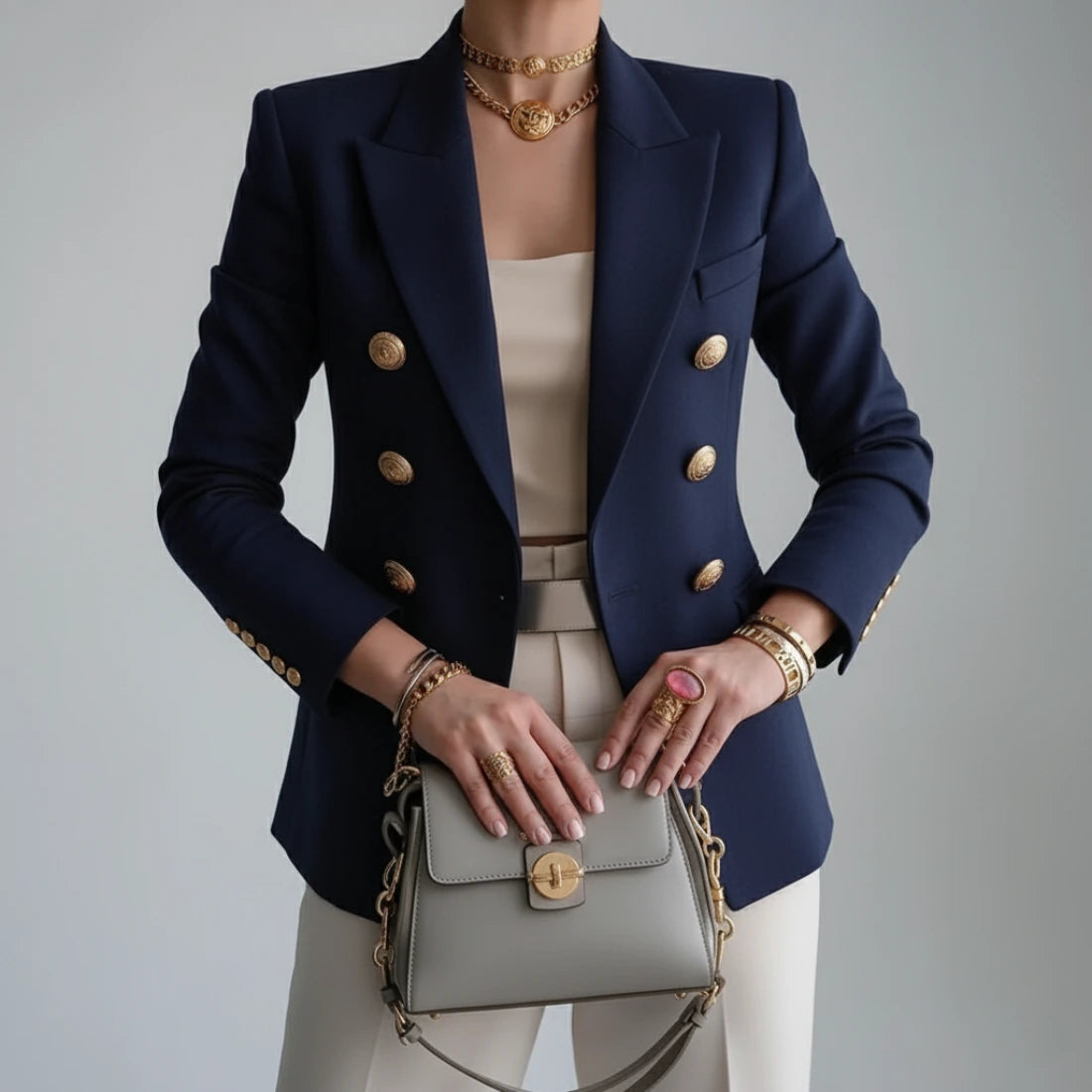 Woman wearing a blue double-breasted long sleeve blazer - editorial style photo