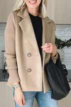 Woman wearing a brown knit double-breasted blazer - lifestyle photo