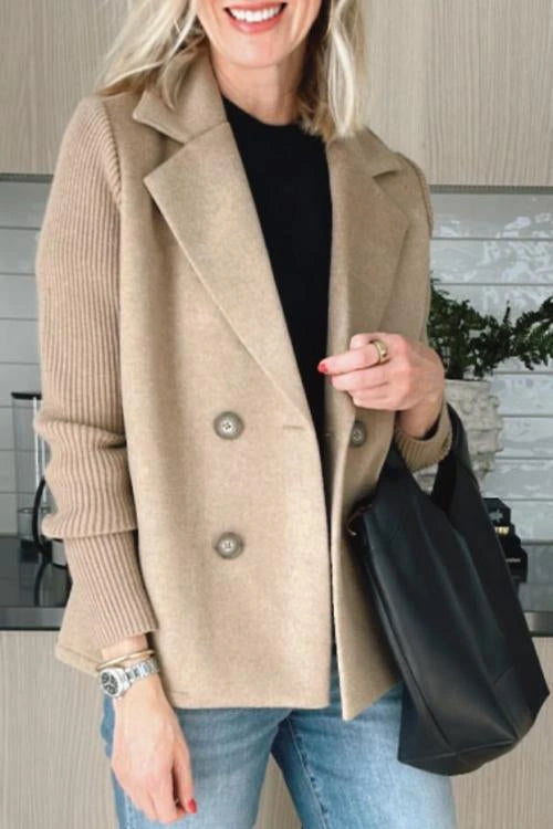 Woman wearing a brown knit double-breasted blazer - lifestyle photo