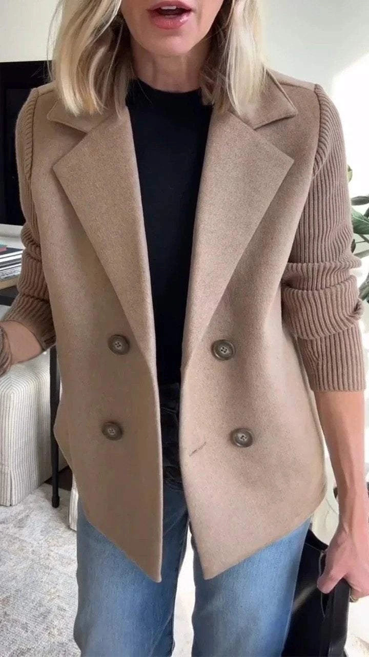Woman wearing a brown knit double-breasted blazer - mirror selfie style photo