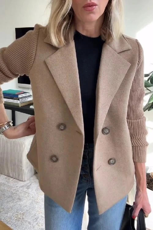 Woman wearing a brown knit double-breasted blazer - mirror selfie style photo