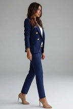 Woman wearing a navy blue double-breasted button office blazer set - studio photo