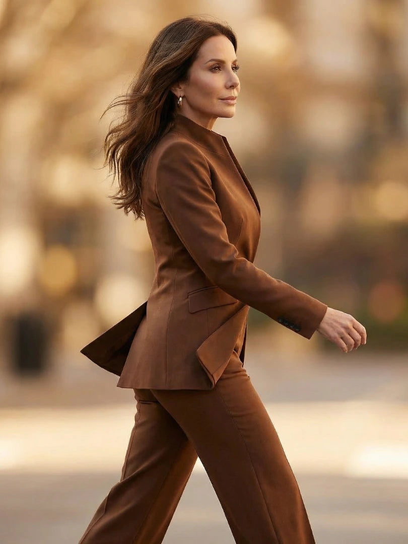 Woman wearing a black structured stand collar tailored blazer - studio photo