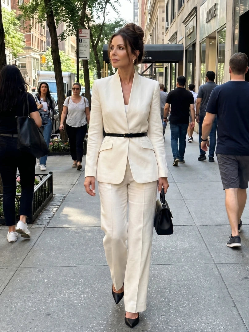 Woman wearing a white structured stand collar tailored blazer - lifestyle photo