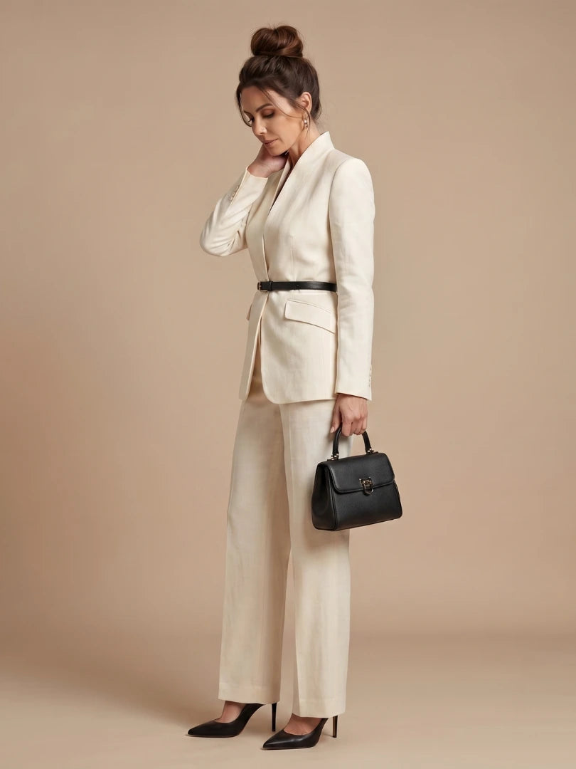 Woman wearing a white structured stand collar tailored blazer - studio photo