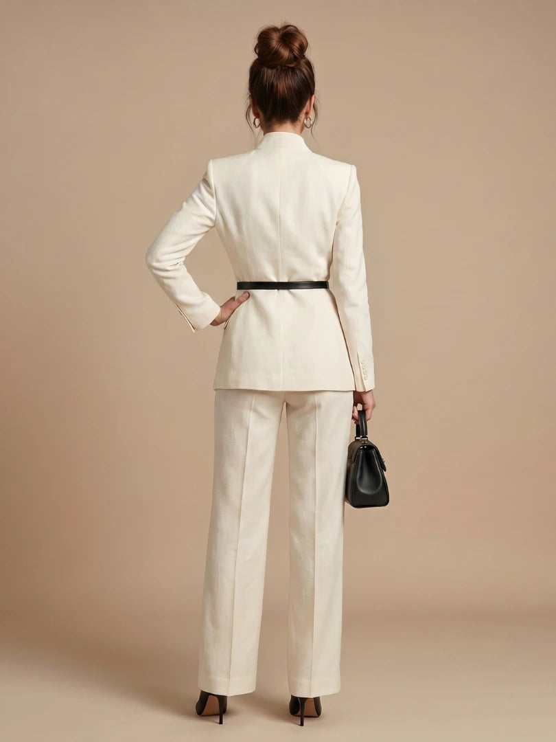 Woman wearing a white structured stand collar tailored blazer - studio photo