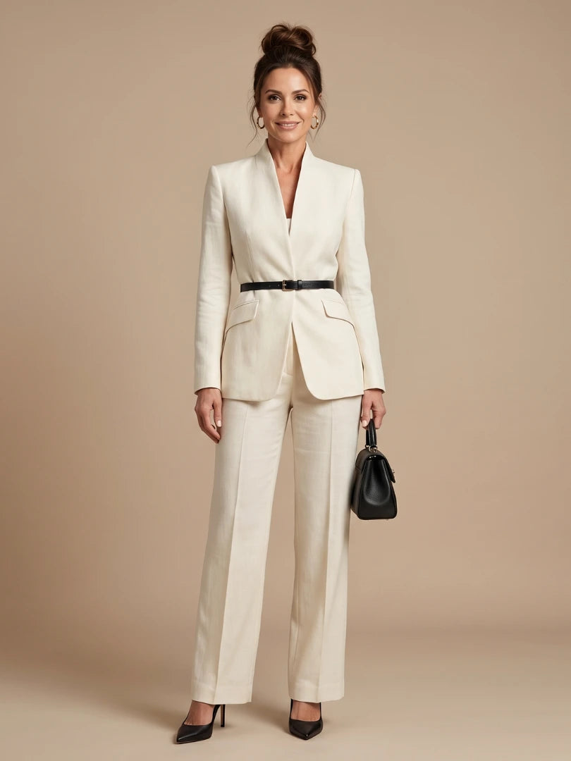 Woman wearing a white structured stand collar tailored blazer - studio photo