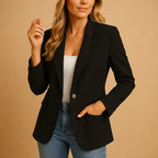 Woman wearing a black tailored single-breasted blazer - lifestyle photo