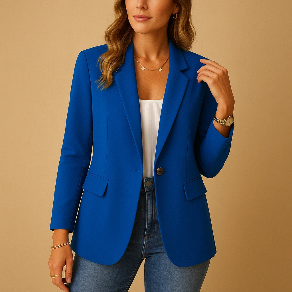 Woman wearing a blue tailored single-breasted blazer - lifestyle photo