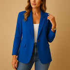 Woman wearing a blue tailored single-breasted blazer - lifestyle photo