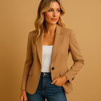 Woman wearing a brown tailored single-breasted blazer - lifestyle photo