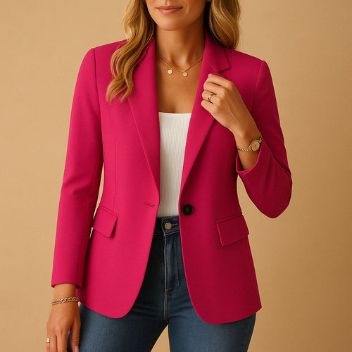 Woman wearing a pink tailored single-breasted blazer - lifestyle photo
