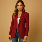 Woman wearing a red tailored single-breasted blazer - lifestyle photo