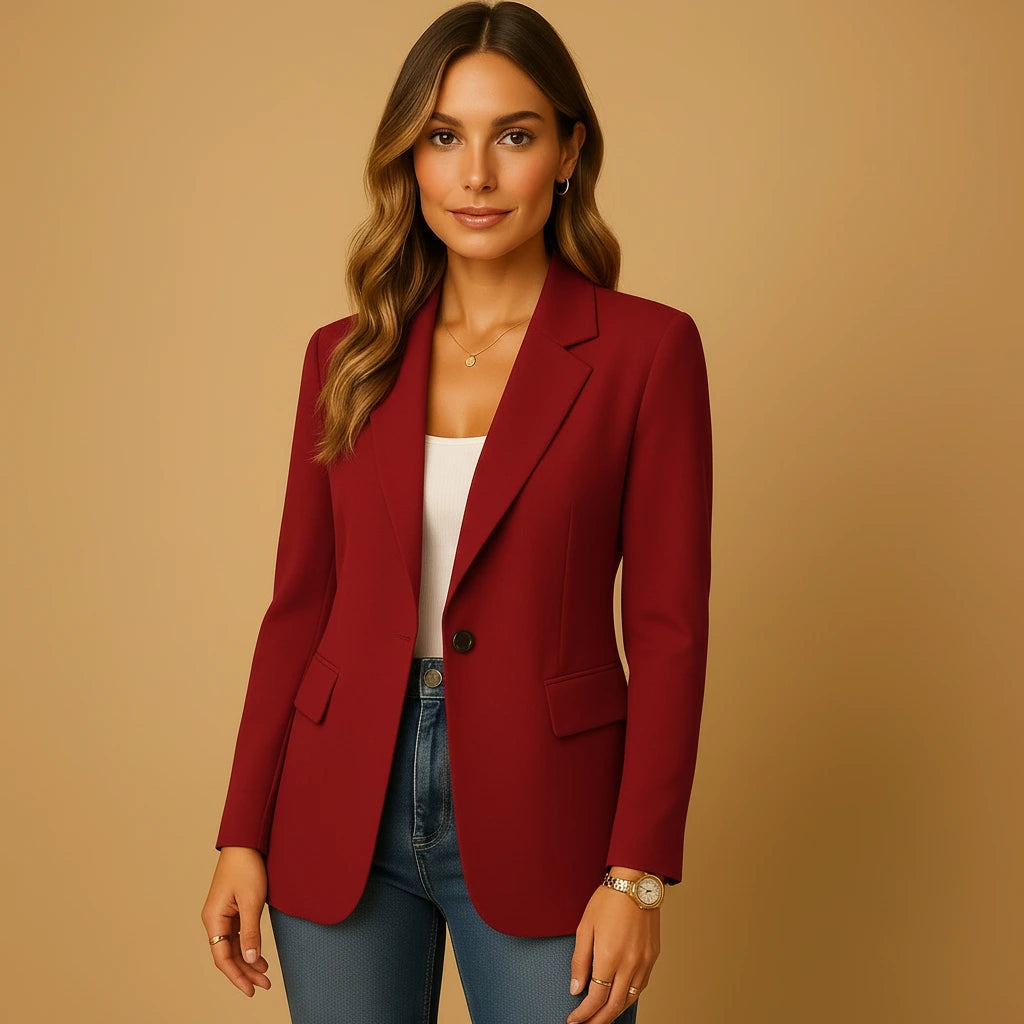 Woman wearing a red tailored single-breasted blazer - lifestyle photo