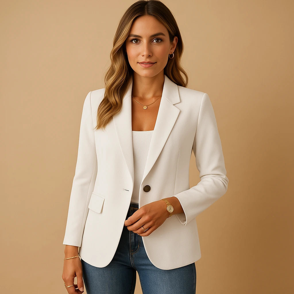Woman wearing a white tailored single-breasted blazer - lifestyle photo