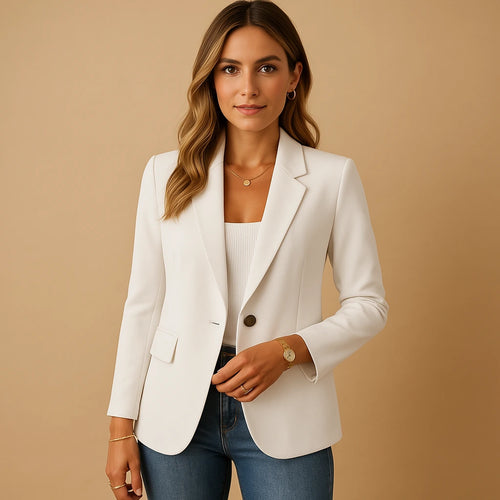 Woman wearing a white tailored single-breasted blazer - lifestyle photo
