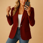 Woman wearing a wine red tailored single-breasted blazer - lifestyle photo
