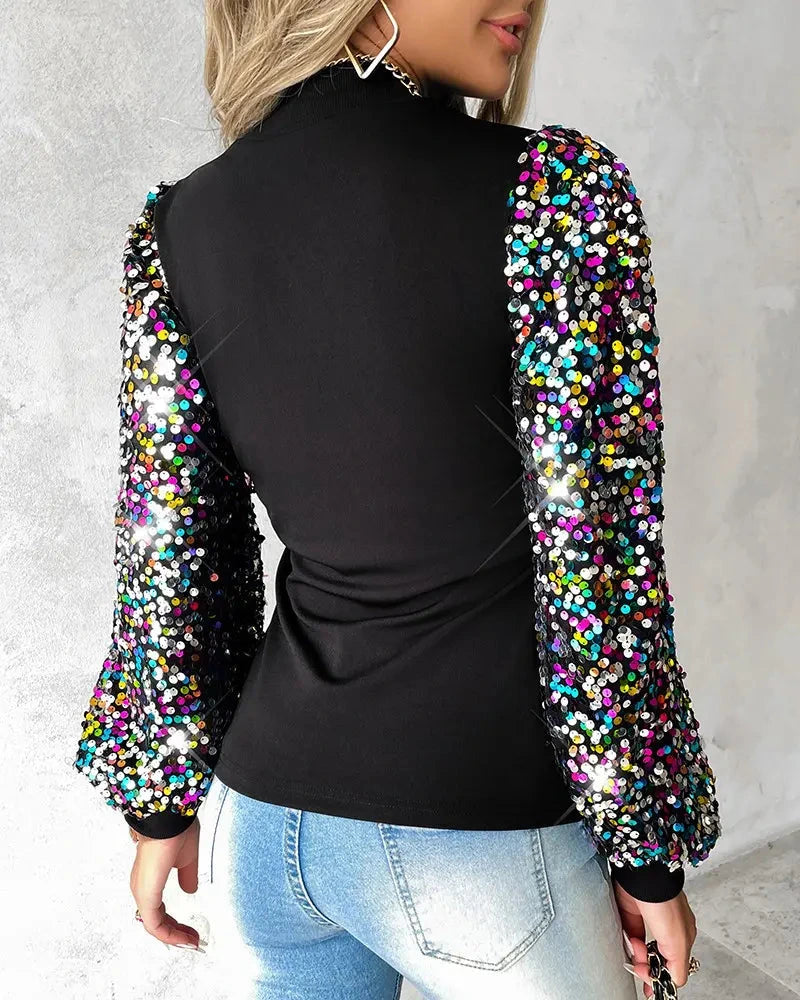 Driftly balloon sleeve sequin blouse in black, back view