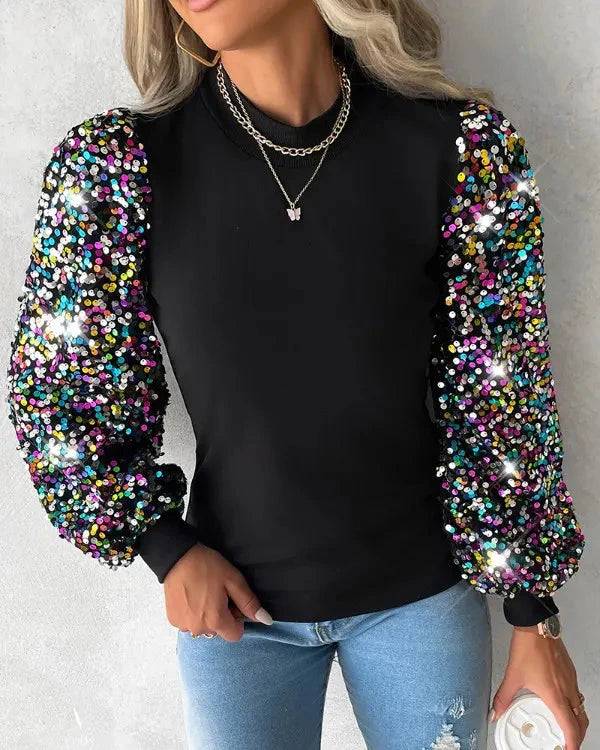 Driftly balloon sleeve sequin blouse in black, front view