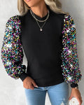 Driftly balloon sleeve sequin blouse in black, front view
