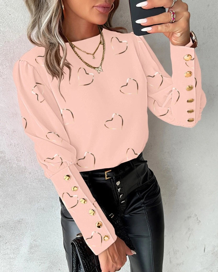 Black heart print blouse buttoned cuff detail