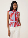 Red and light blue striped sleeveless blouse with bowknot tie neck and peplum waist, studio front view.