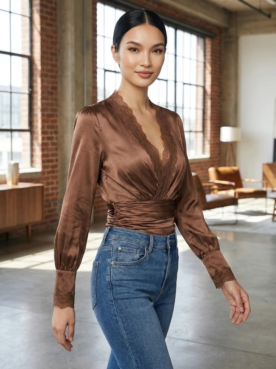 Woman wearing a bronze satin wrap blouse with lace trim in a bright loft interior