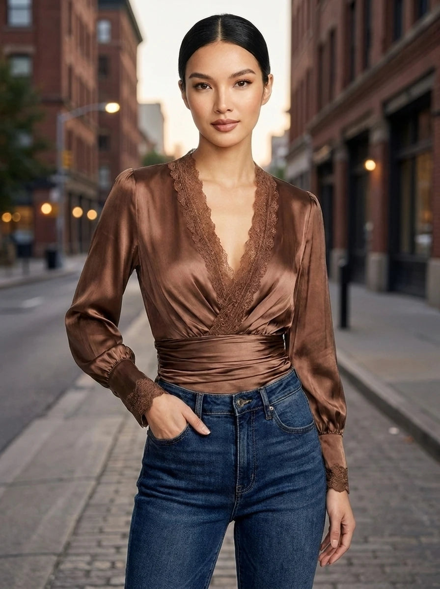 Woman wearing a bronze satin wrap blouse with lace trim on a city street