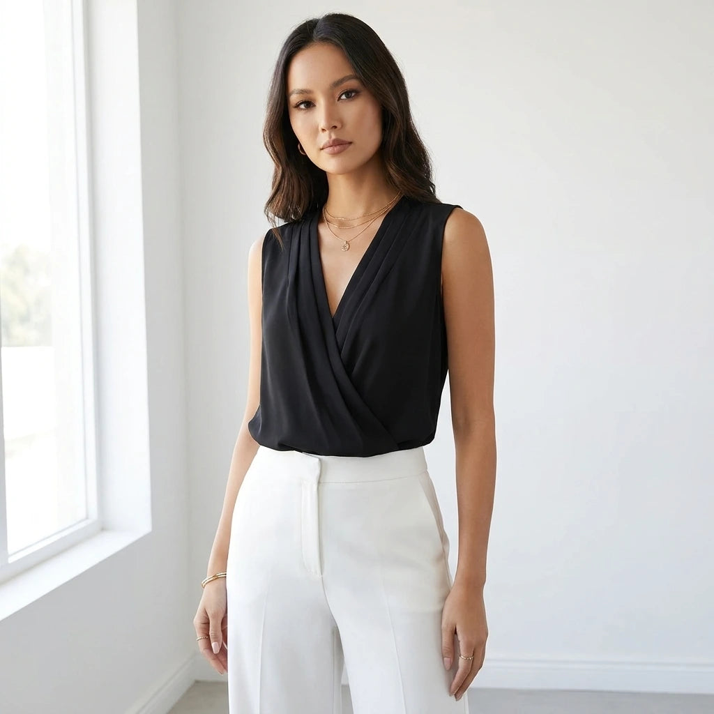 Driftly women's black sleeveless soft-touch blouse, styled with white wide-leg trousers in a minimalist studio setting.