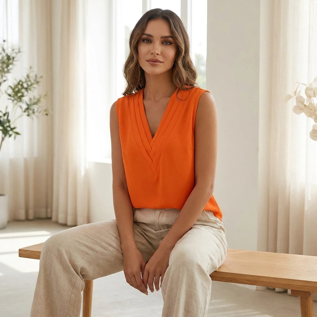 Driftly women's orange sleeveless soft-touch blouse, styled with beige linen trousers, seated in a bright interior.