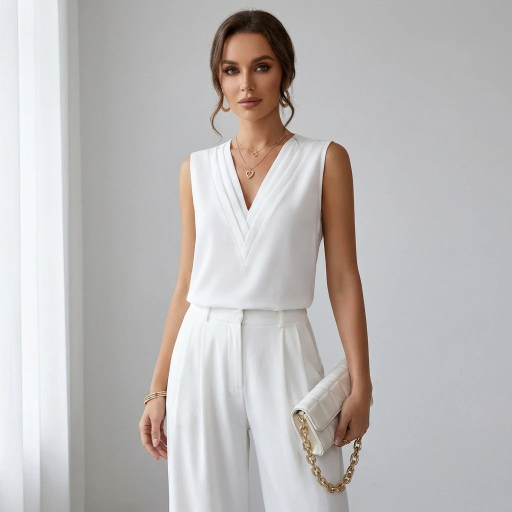 Driftly women's white sleeveless soft-touch blouse, styled with white wide-leg trousers in a minimalist studio setting.