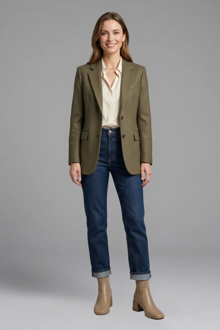 Woman wearing khaki block heel ankle boots - lifestyle photo