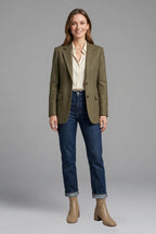 Woman wearing khaki block heel ankle boots - lifestyle photo