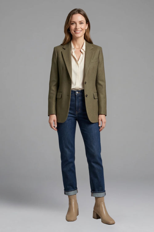Woman wearing khaki block heel ankle boots - lifestyle photo