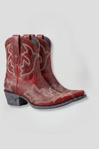 Woman wearing red embroidered detailing all-season boots - studio photo
