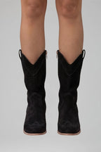 Woman wearing black low block heel fall boots - studio photo