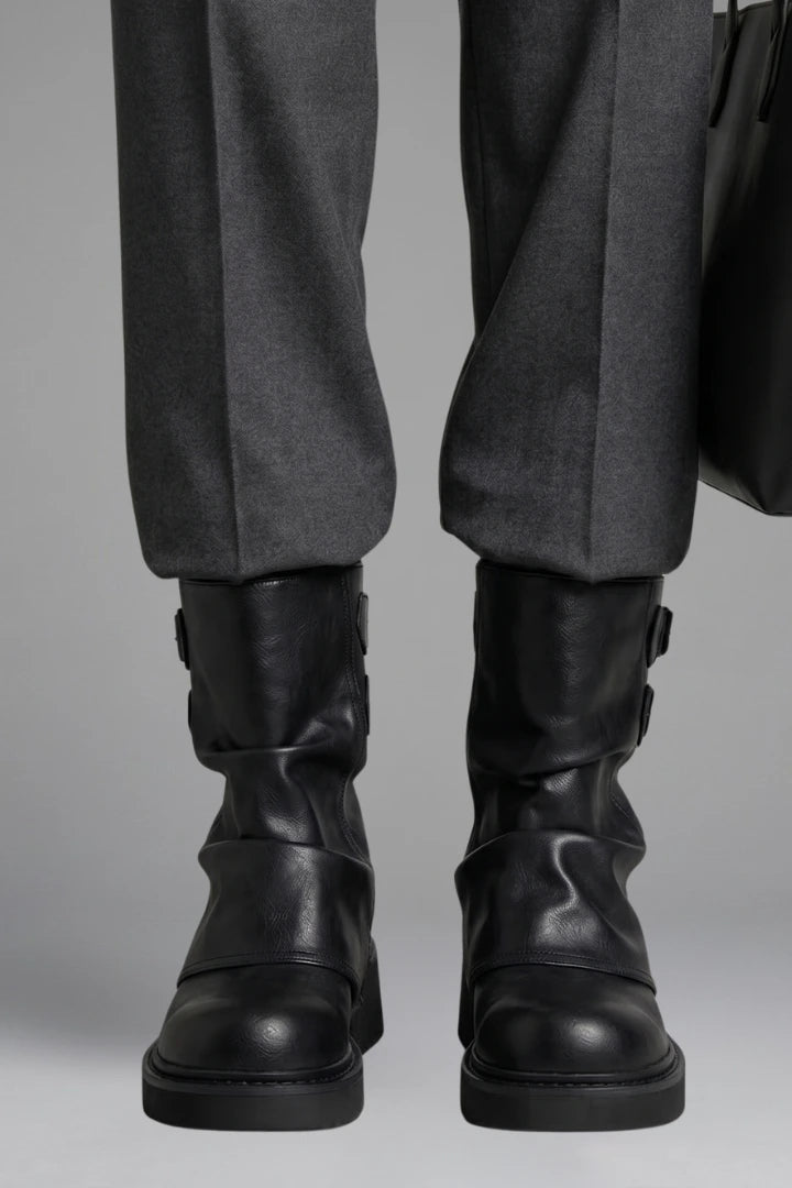 Woman wearing black side buckle accent fall boots - lifestyle photo