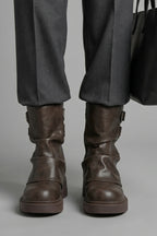 Woman wearing brown side buckle accent fall boots - lifestyle photo