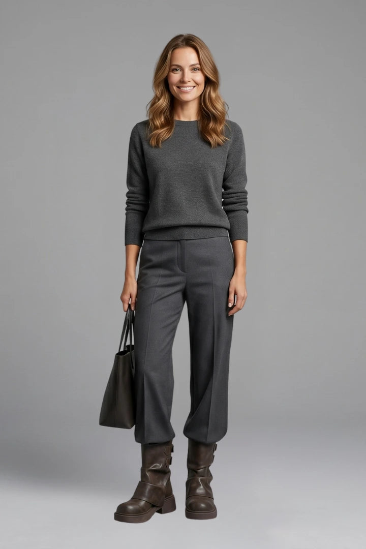 Woman wearing brown side buckle accent fall boots - lifestyle photo