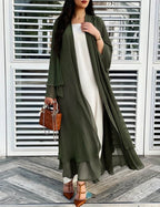 Army green sheer chiffon open front long cardigan on model