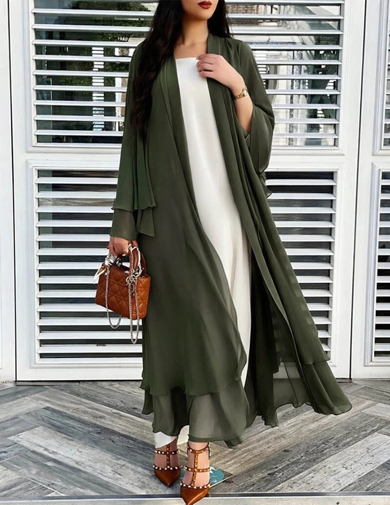 Army green sheer chiffon open front long cardigan on model