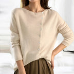 Beige asymmetric button-front knit cardigan on model