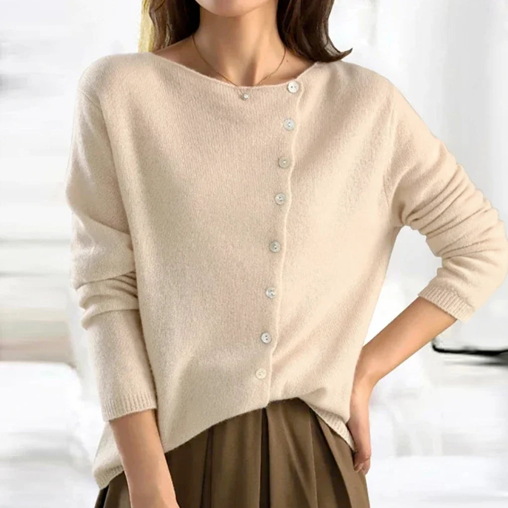 Beige asymmetric button-front knit cardigan on model