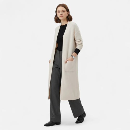 Beige long open-front cardigan on model