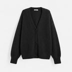 Black V-neck buttoned cardigan, flat lay