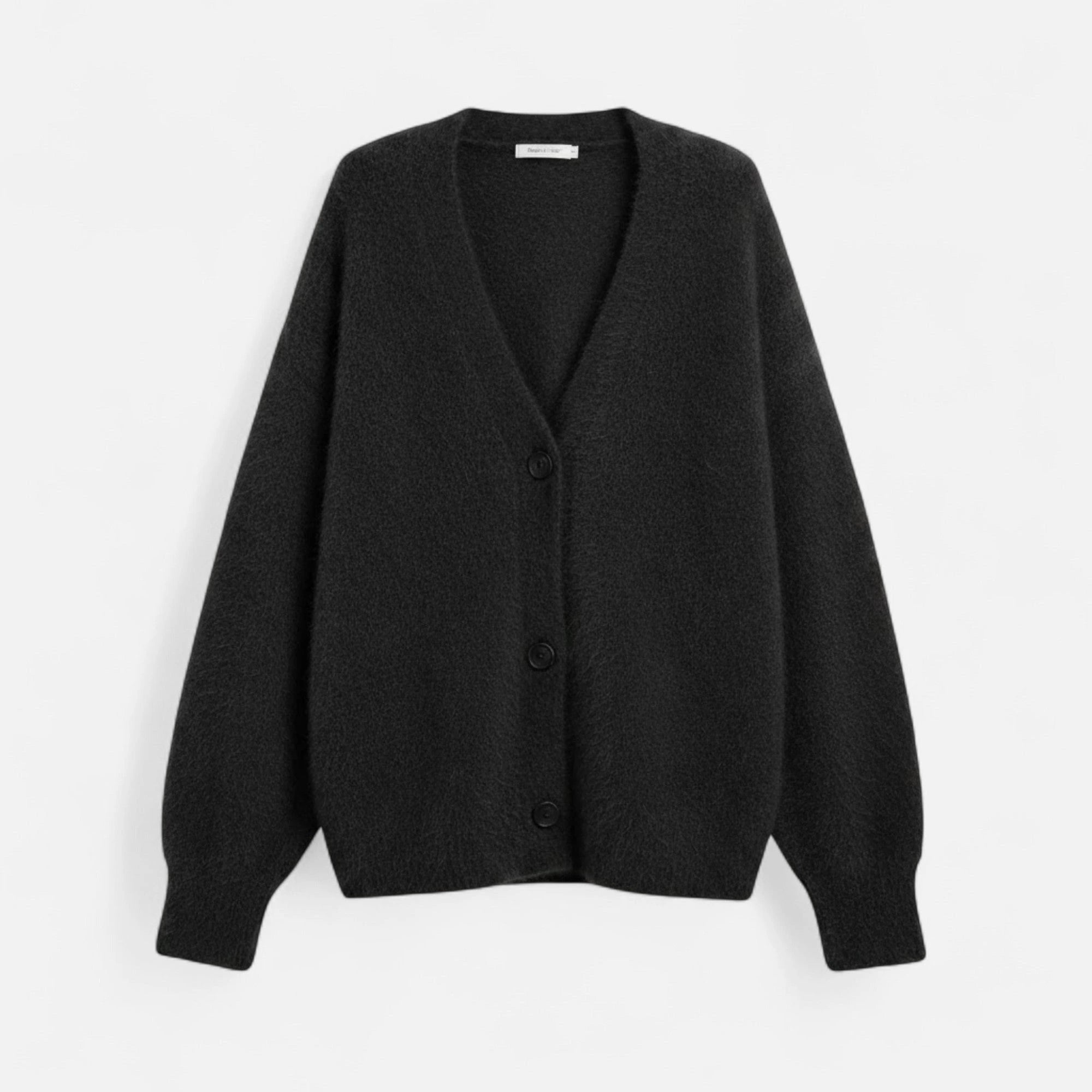 Black V-neck buttoned cardigan, flat lay