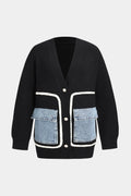 Black knitted cardigan with denim pocket detail, front view